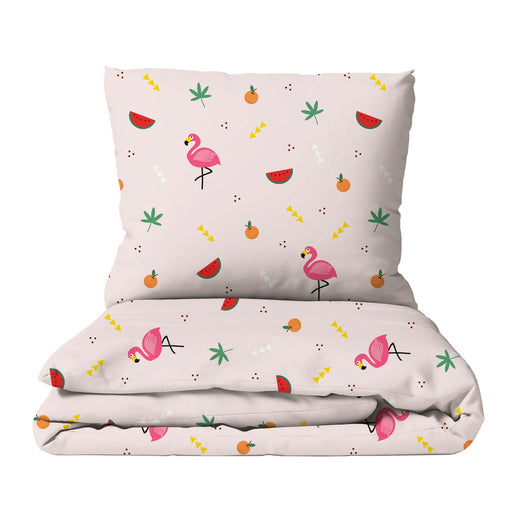 HELDENA Kinderbettwäsche „Flamingo" mit Flamingos und Früchten auf Rosa, Bettbezug und Kissenbezug