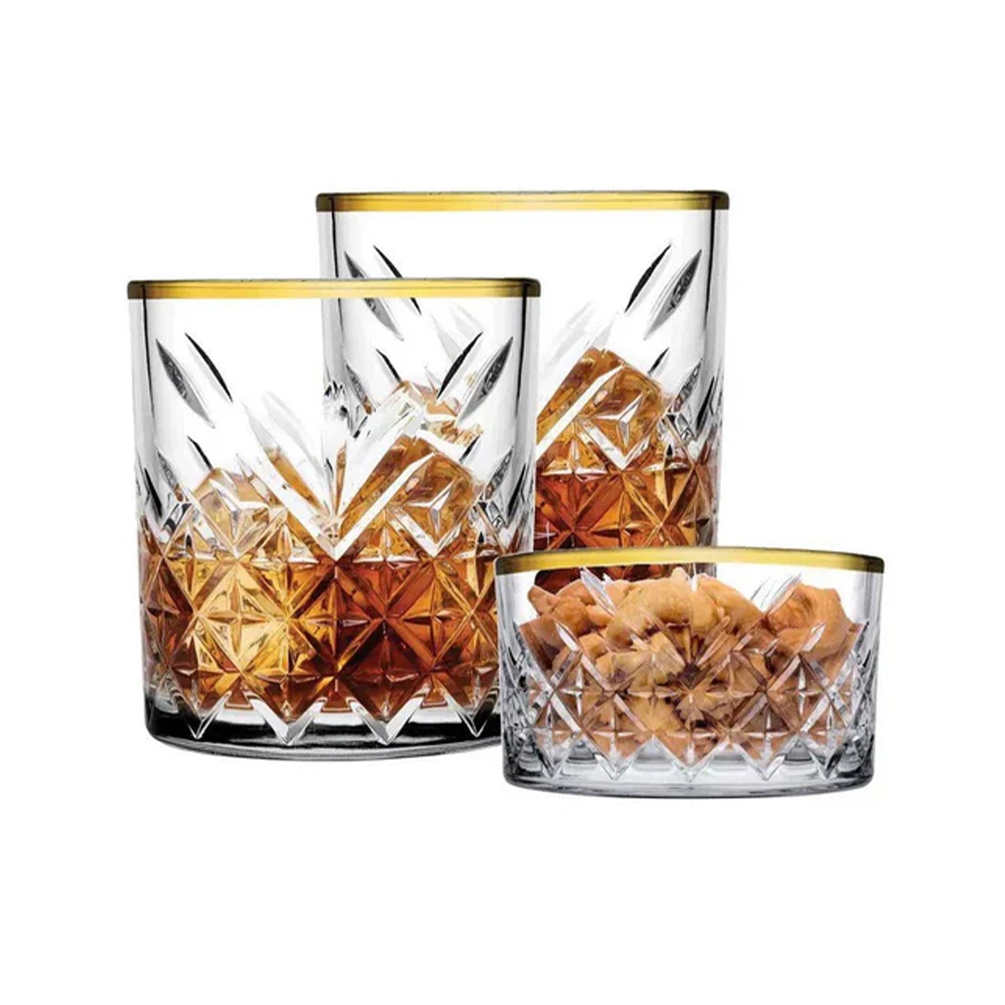 Whiskygläser mit Goldrand 205 ml – Vintage Facettendesign – 3er Set – Elegante Bar Gläser