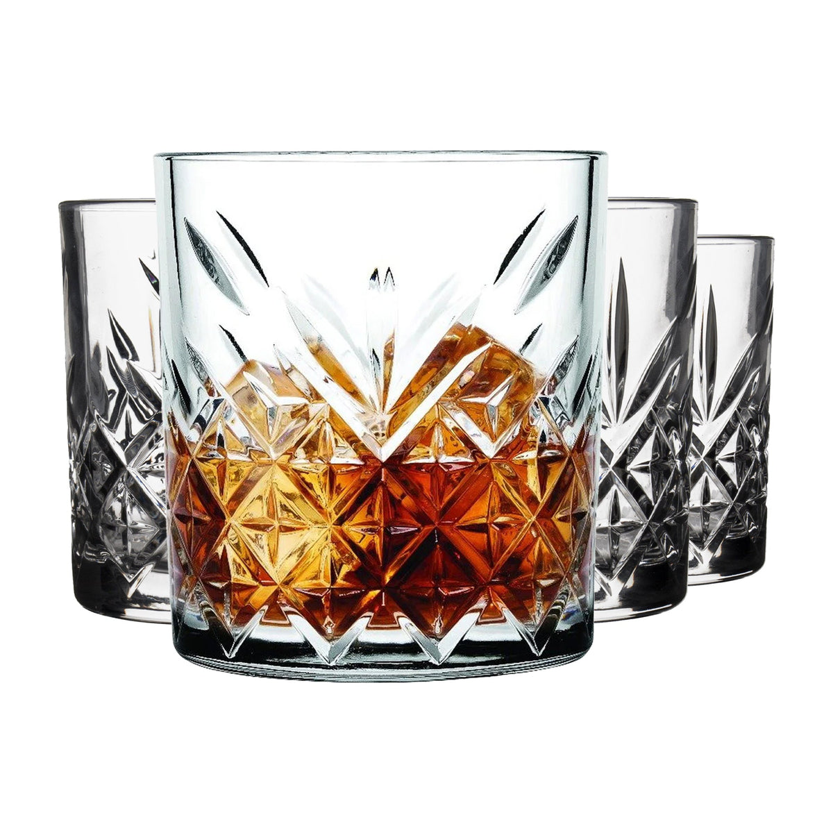 Vier Timeless Whisky Tumbler 345ml Facettenschliff für Home Bar und Gäste