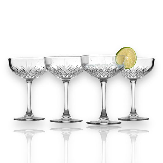 Champagner Coupes 255 ml – Vintage Facettendesign – 4er Set – Elegante Cocktailgläser