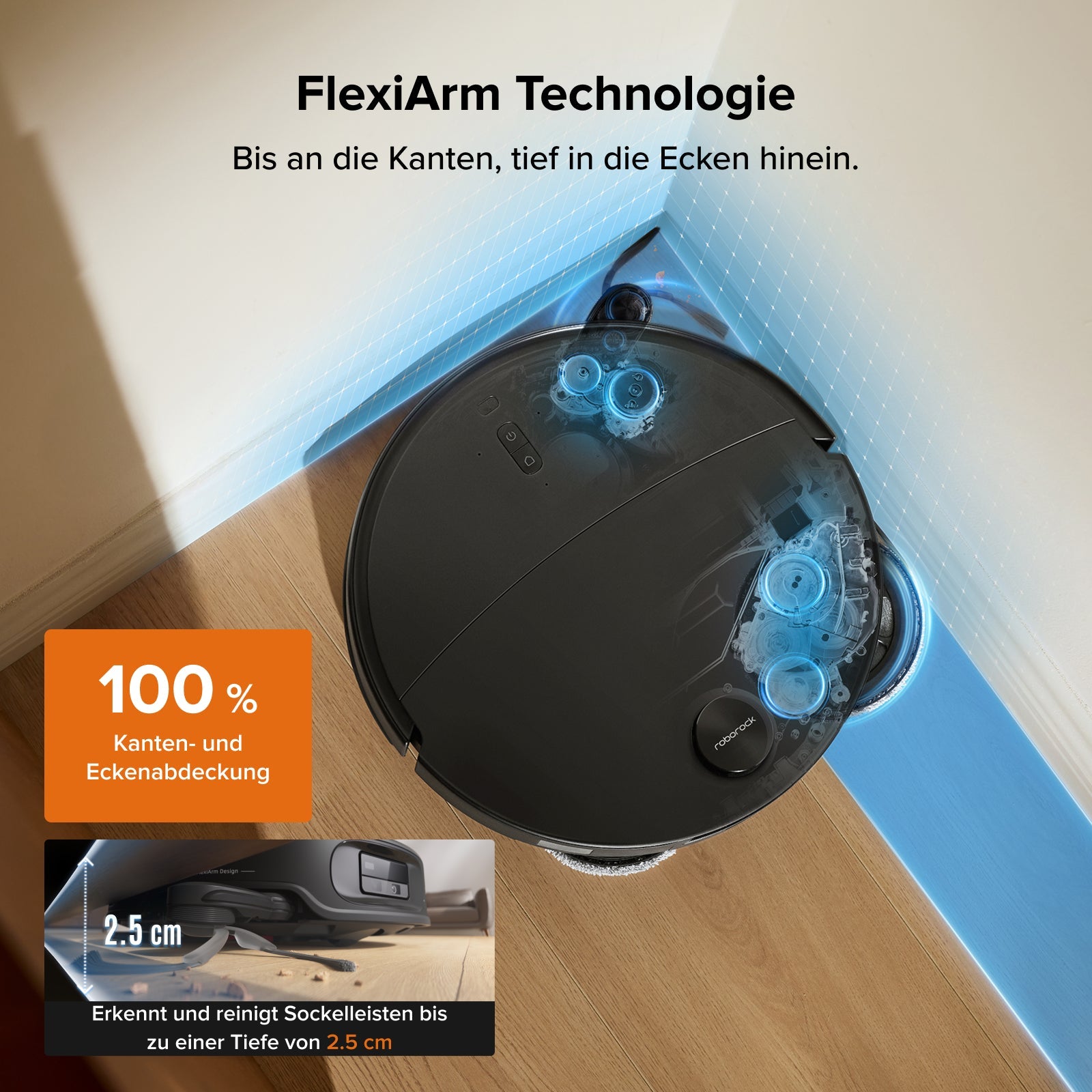 Qrevo Edge 2 FlexiArm-Technologie reinigt tief in Ecken und Kanten