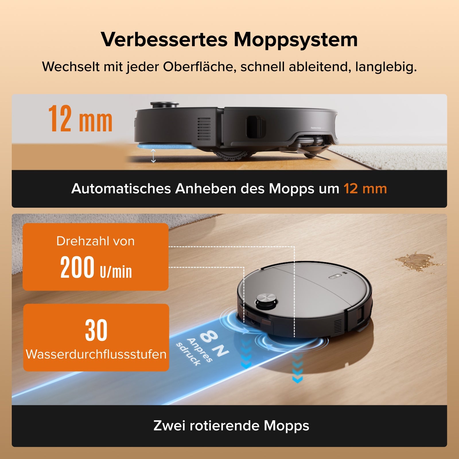 Qrevo Edge 2 verbessertes Wischsystem mit FlexiArm-Seitenbürste an Sockelleiste