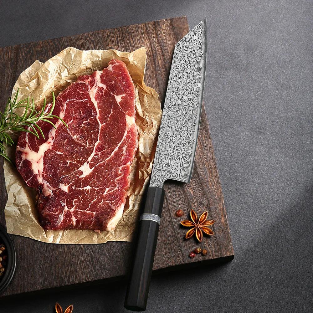 TURWHO Kiritsuke Damastmesser 7 Zoll mit Ebenholzgriff und Damastklinge