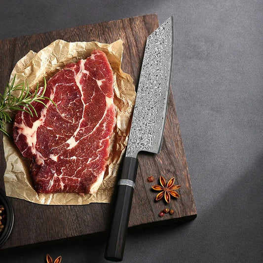 TURWHO Kiritsuke Damastmesser 7 Zoll mit Ebenholzgriff und Damastklinge