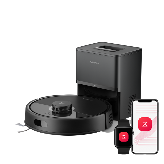 Roborock Q7 L5+ schwarzer Saugroboter mit RockDock Plus Absaugstation Seitenansicht
