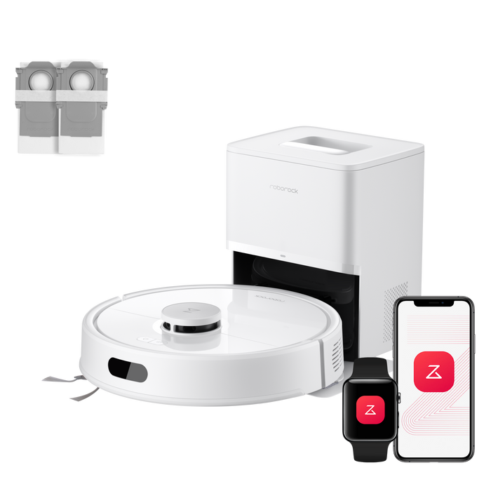 Roborock Q7 L5+ Set weißer Saugroboter mit RockDock Plus Absaugstation Seitenansicht