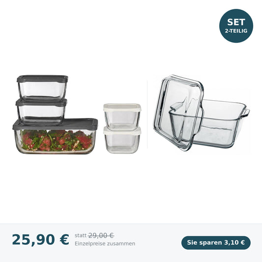 HELDENA Meal-Prep Set mit 5 Glas-Frischhaltedosen und Auflaufform