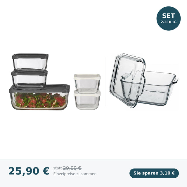 HELDENA Meal-Prep Set mit 5 Glas-Frischhaltedosen und Auflaufform