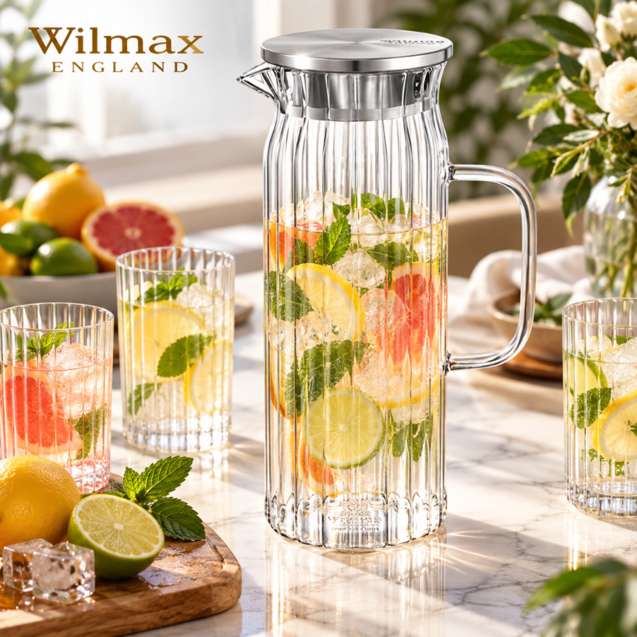 Wilmax Krug 1500 ml mit Edelstahldeckel Transparent Thermoglas – Anwendungs- oder Detailansicht; Lieferumfang: 1 Stück