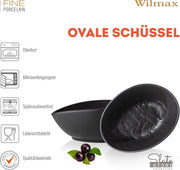 Wilmax Ovale Schale 19 × 15 × 6 cm 3er-Set Schwarz Porzellan – Anwendungs- oder Detailansicht; Lieferumfang: 3 Stück