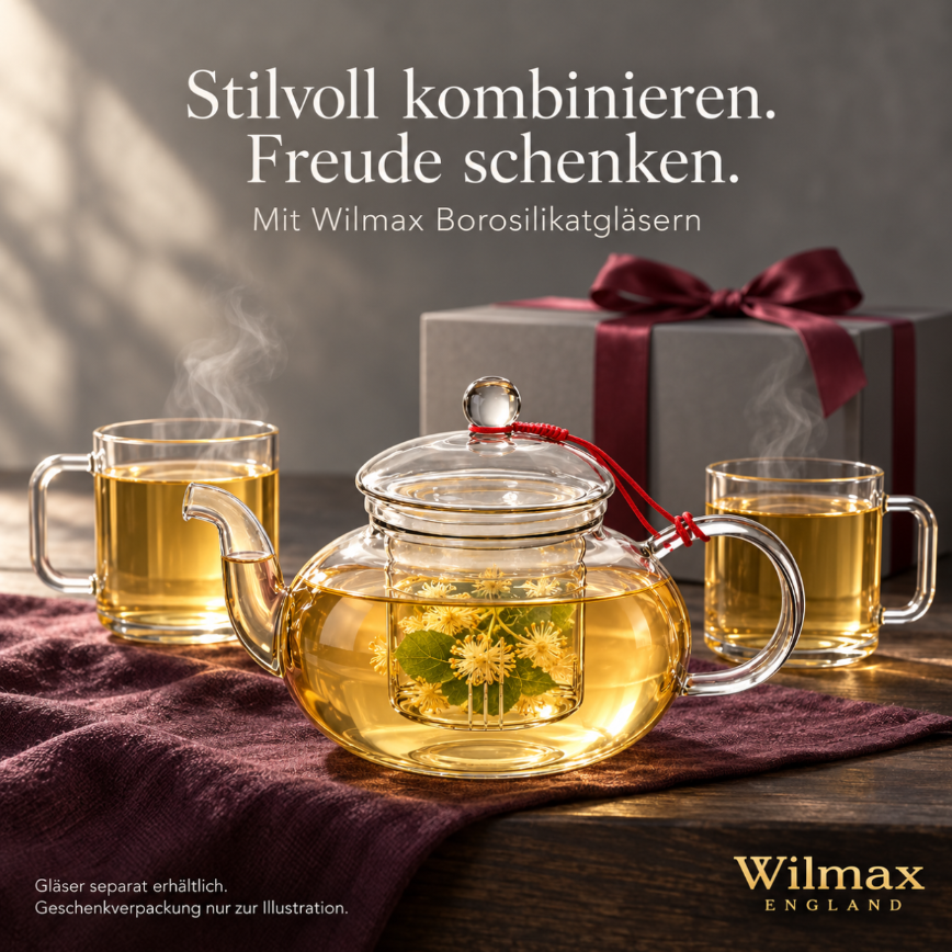Wilmax Teekanne 1200 ml mit Glasfilter Transparent Thermoglas – Anwendungs- oder Detailansicht; Lieferumfang: 1 Stück