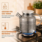 Wilmax Teekanne 1600 ml mit Federfilter und mit Edelstahldeckel Rauchgrau Thermoglas – Anwendungs- oder Detailansicht; Lieferumfang: 1 Stück