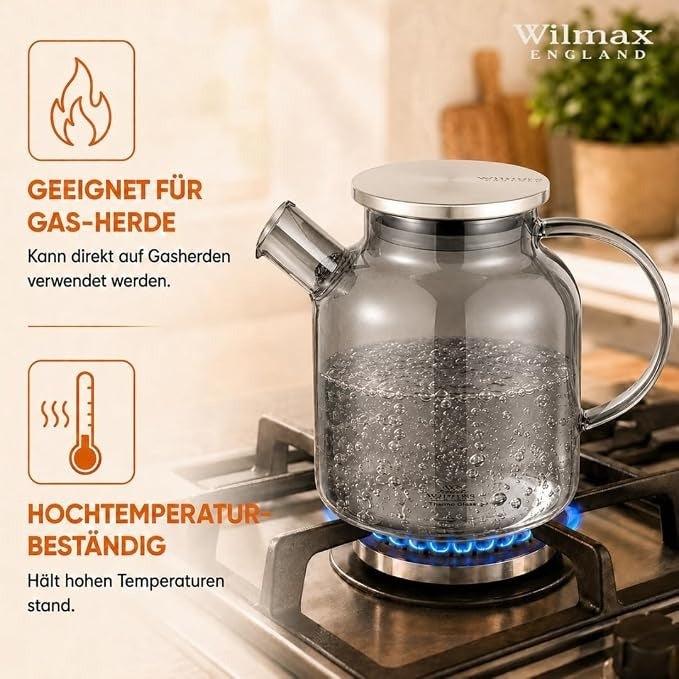 Wilmax Teekanne 1600 ml mit Federfilter und mit Edelstahldeckel Rauchgrau Thermoglas – Anwendungs- oder Detailansicht; Lieferumfang: 1 Stück