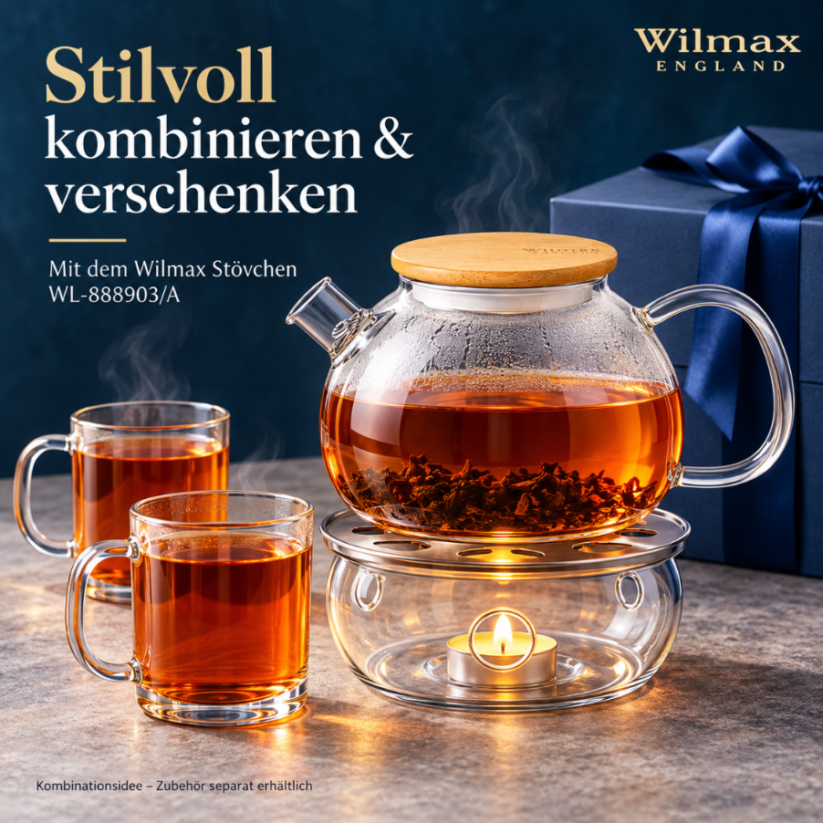 Wilmax Teekanne 1500 ml mit Federfilter und Bambusdeckel Transparent Thermoglas – Anwendungs- oder Detailansicht; Lieferumfang: 1 Stück