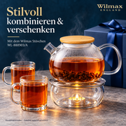 Wilmax Teekanne 1500 ml mit Federfilter und Bambusdeckel Transparent Thermoglas – Anwendungs- oder Detailansicht; Lieferumfang: 1 Stück