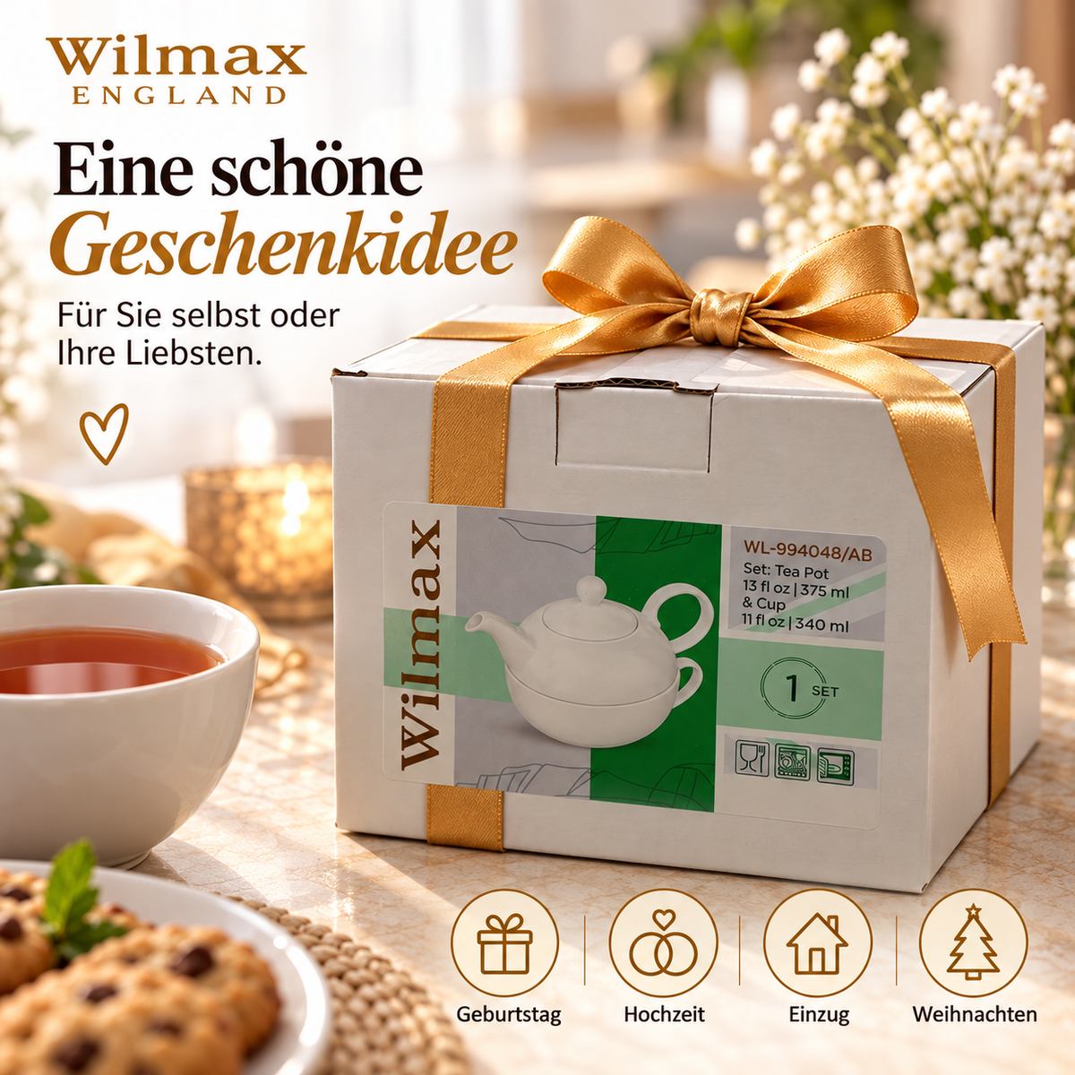 Wilmax Teekannen- und Tassen-Set 375 ml 240 ml Weiß Porzellan – Anwendungs- oder Detailansicht; Lieferumfang: 1 Stück