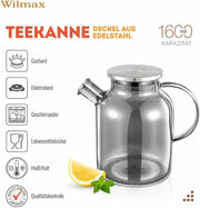 Wilmax Teekanne 1600 ml mit Federfilter und mit Edelstahldeckel Rauchgrau Thermoglas – Anwendungs- oder Detailansicht; Lieferumfang: 1 Stück