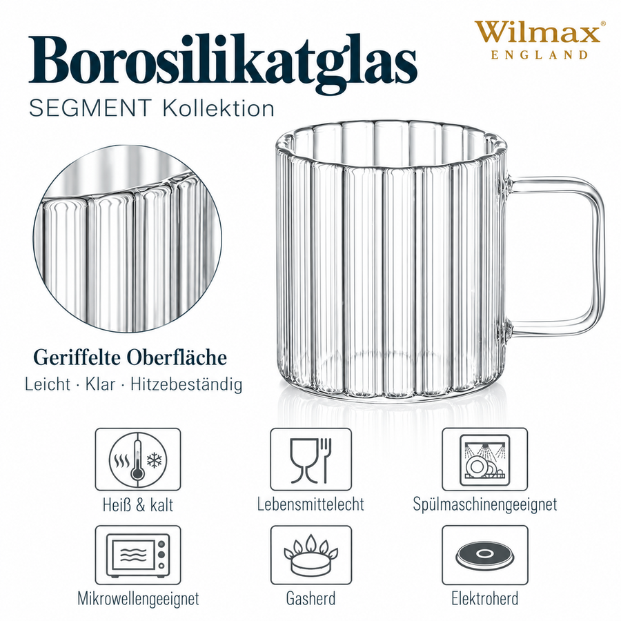 Wilmax Glasbecher mit Henkel 200 ml 6er-Set Glas – Anwendungs- oder Detailansicht; Lieferumfang: 6 Stück