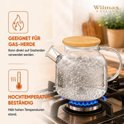Wilmax Teekanne 1200 ml mit Bambusdeckel Transparent Thermoglas – Anwendungs- oder Detailansicht; Lieferumfang: 1 Stück