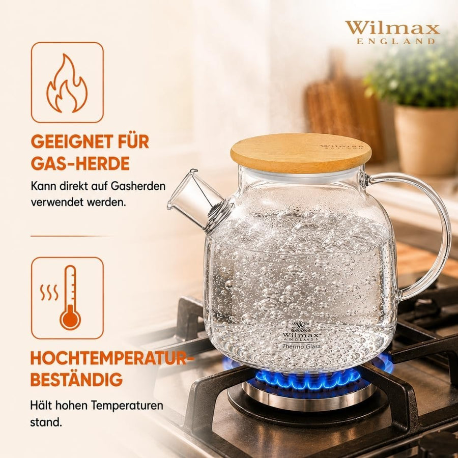 Wilmax Teekanne 1200 ml mit Bambusdeckel Transparent Thermoglas – Anwendungs- oder Detailansicht; Lieferumfang: 1 Stück