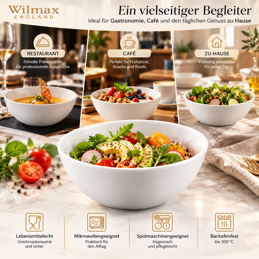 Wilmax Schale 14 cm 600 ml 6er-Set Weiß Porzellan – Anwendungs- oder Detailansicht; Lieferumfang: 6 Stück