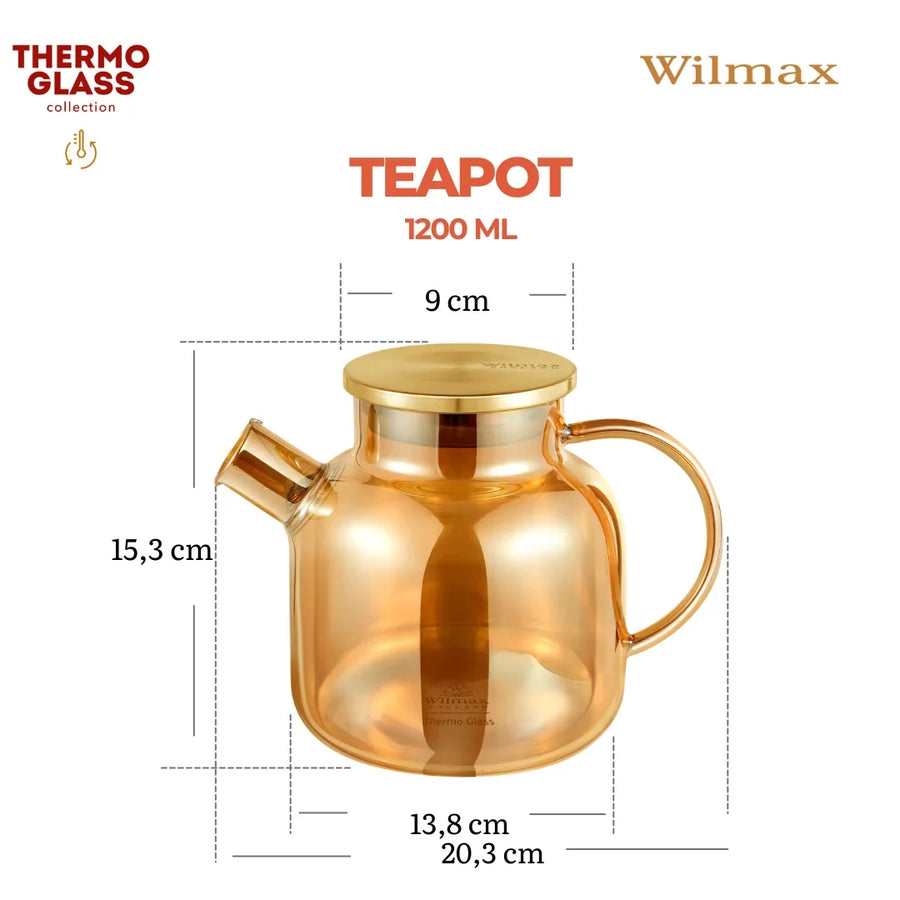 Wilmax Teekanne 1200 ml mit Federfilter und mit Edelstahldeckel Gold Thermoglas – Anwendungs- oder Detailansicht; Lieferumfang: 1 Stück