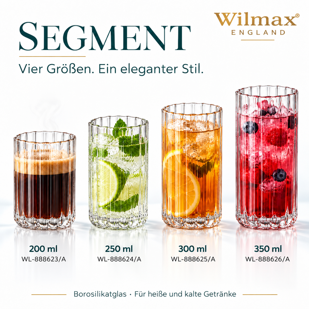 Wilmax Geriffeltes Glas 200 ml 6er-Set Transparent Borosilikatglas – Anwendungs- oder Detailansicht; Lieferumfang: 6 Stück