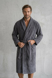 HELDENA Premium Bademantel & Handtuch Set Grau-Anthrazit – 6-teilig Jacquard