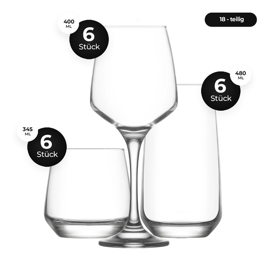 LAV Softdrink-Set 18-tlg. Trinkgläser mit Fuß in 3 Größen transparent