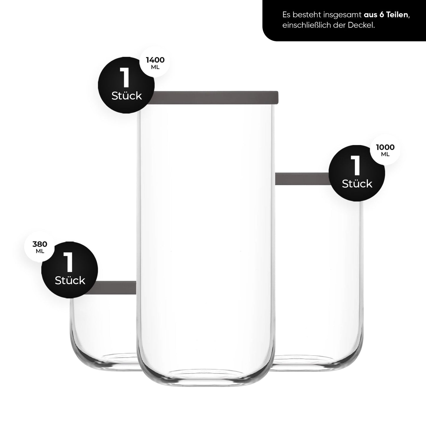 LAV DUO Vorratsdosen-Set 3-tlg. 380ml 1000ml 1400ml transparentes Glas mit Deckel