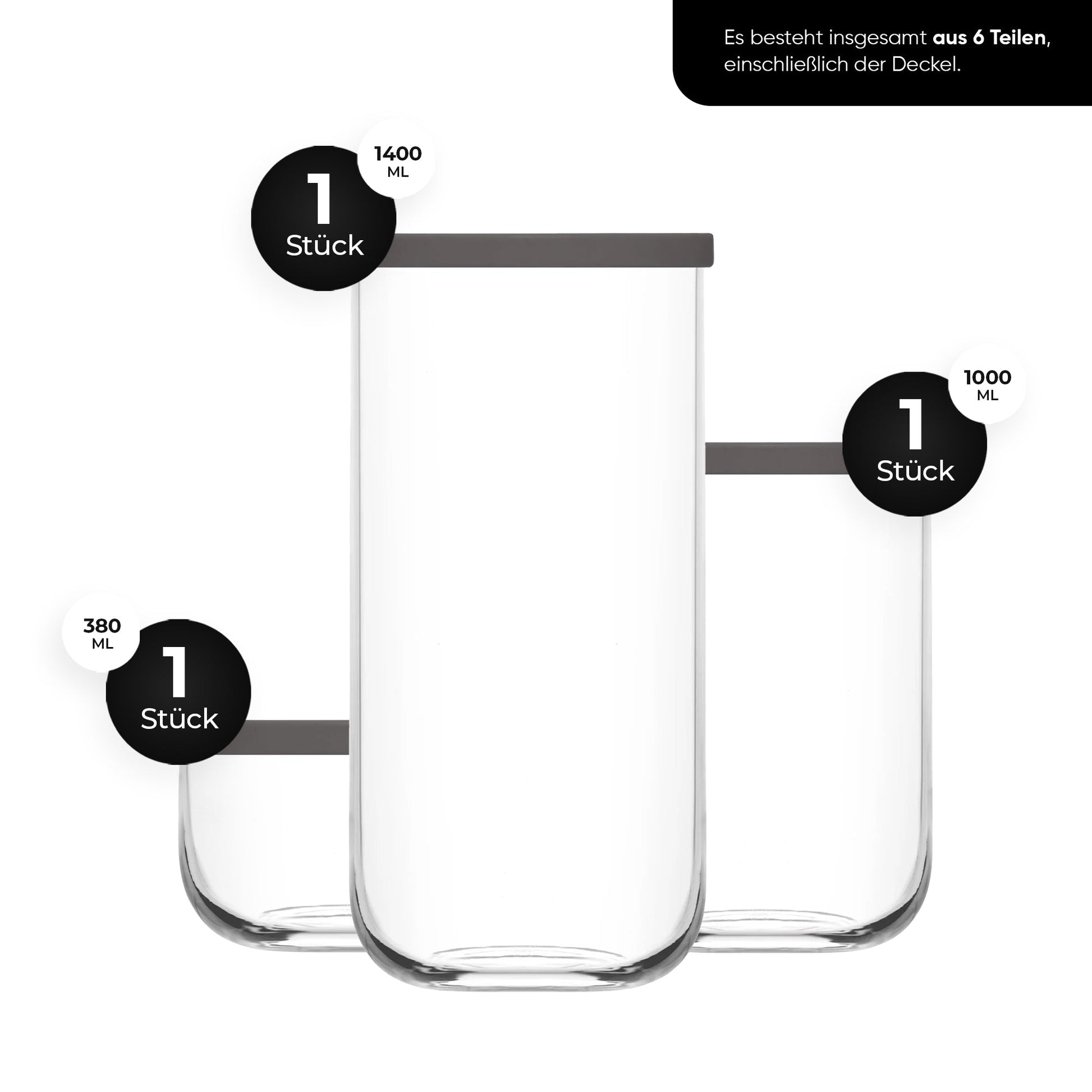 LAV DUO Vorratsdosen-Set 3-tlg. 380ml 1000ml 1400ml transparentes Glas mit Deckel