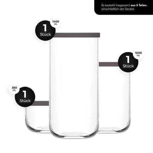 LAV DUO Vorratsdosen-Set 3-tlg. 380ml 1000ml 1400ml transparentes Glas mit Deckel