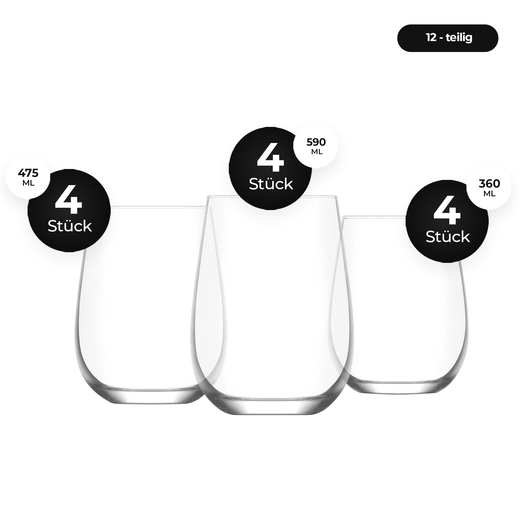 LAV Gaia Trinkgläser 12-tlg. Set 3 Größen 360 475 590 ml transparent für Haushalt
