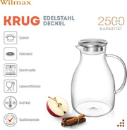 Wilmax Krug 2500 ml mit Edelstahldeckel und Filter Transparent Thermoglas – Anwendungs- oder Detailansicht; Lieferumfang: 1 Stück