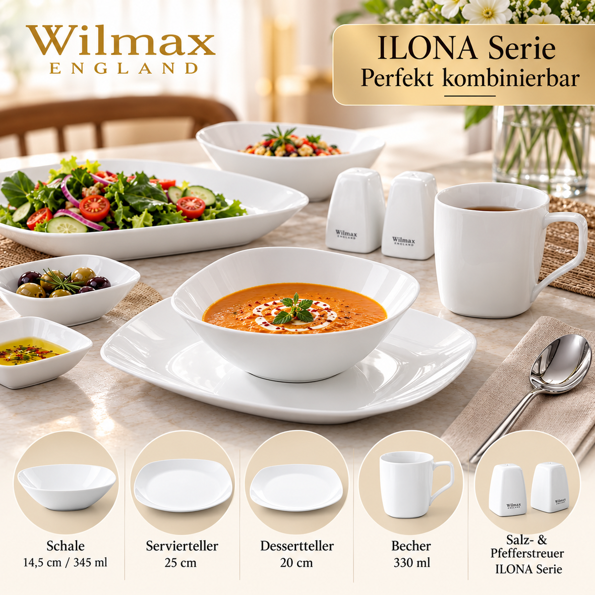 Wilmax Schale 1300 ml 21,5 × 21,5 cm 2er-Set Weiß Porzellan – Anwendungs- oder Detailansicht; Lieferumfang: 2 Stück