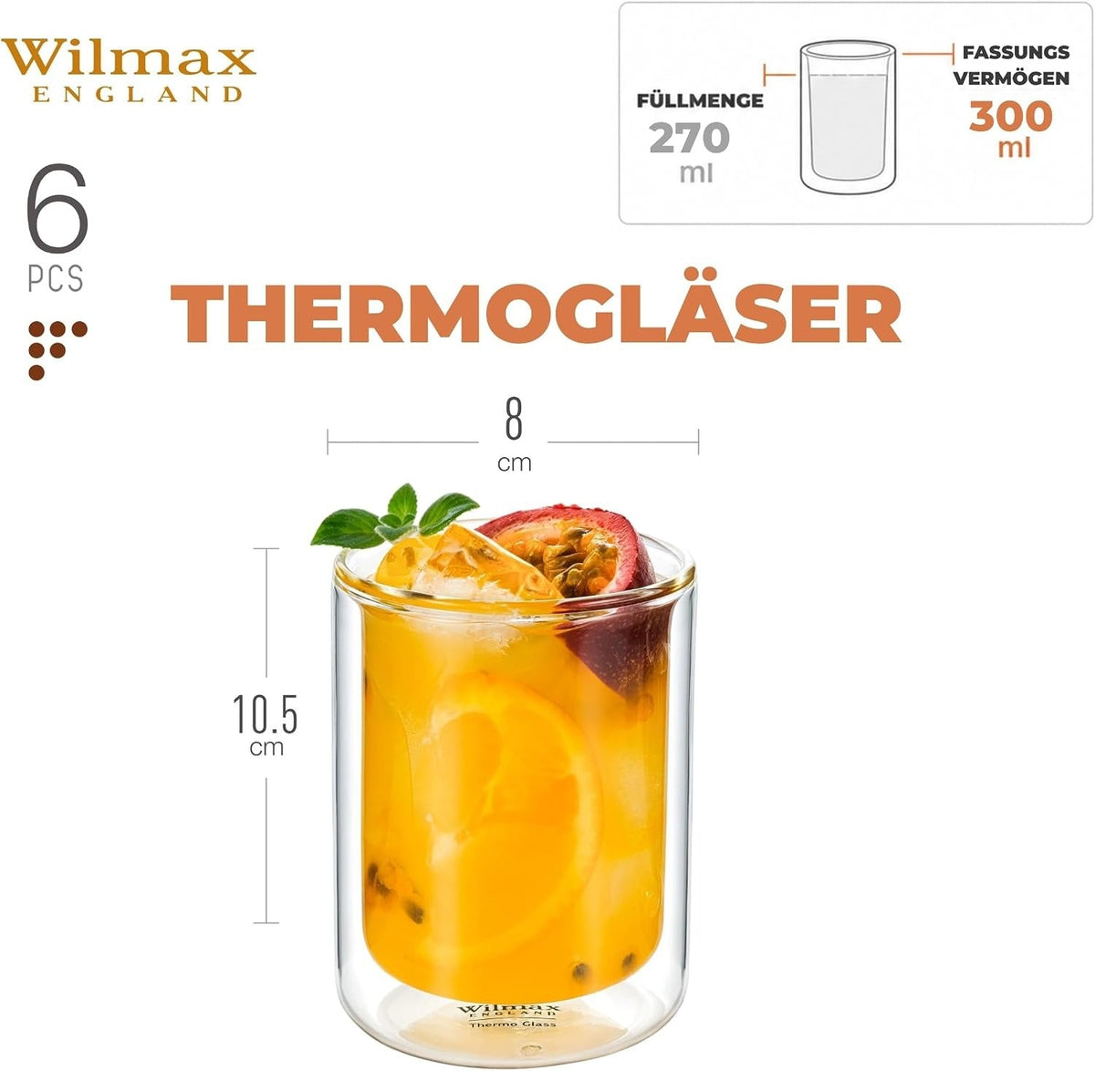 Wilmax Doppelwandiges Glas 300 ml 6er-Set Transparent – Anwendungs- oder Detailansicht; Lieferumfang: 6 Stück