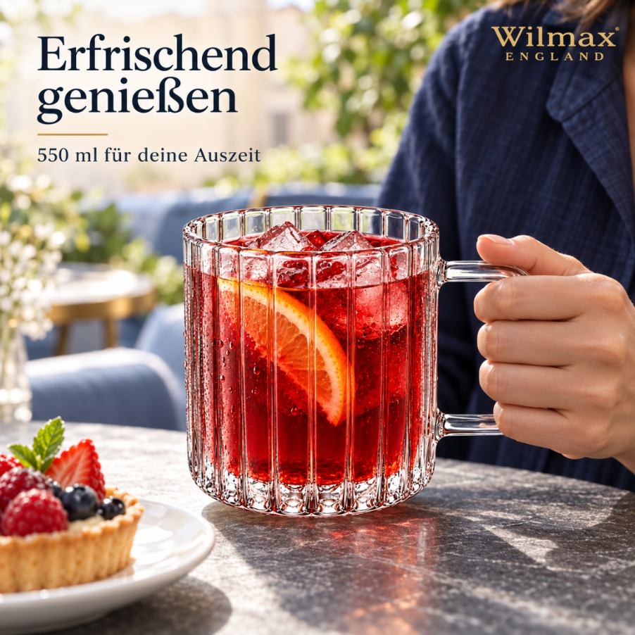 Wilmax Glasbecher mit Henkel 550 ml 6er-Set Glas – Anwendungs- oder Detailansicht; Lieferumfang: 6 Stück