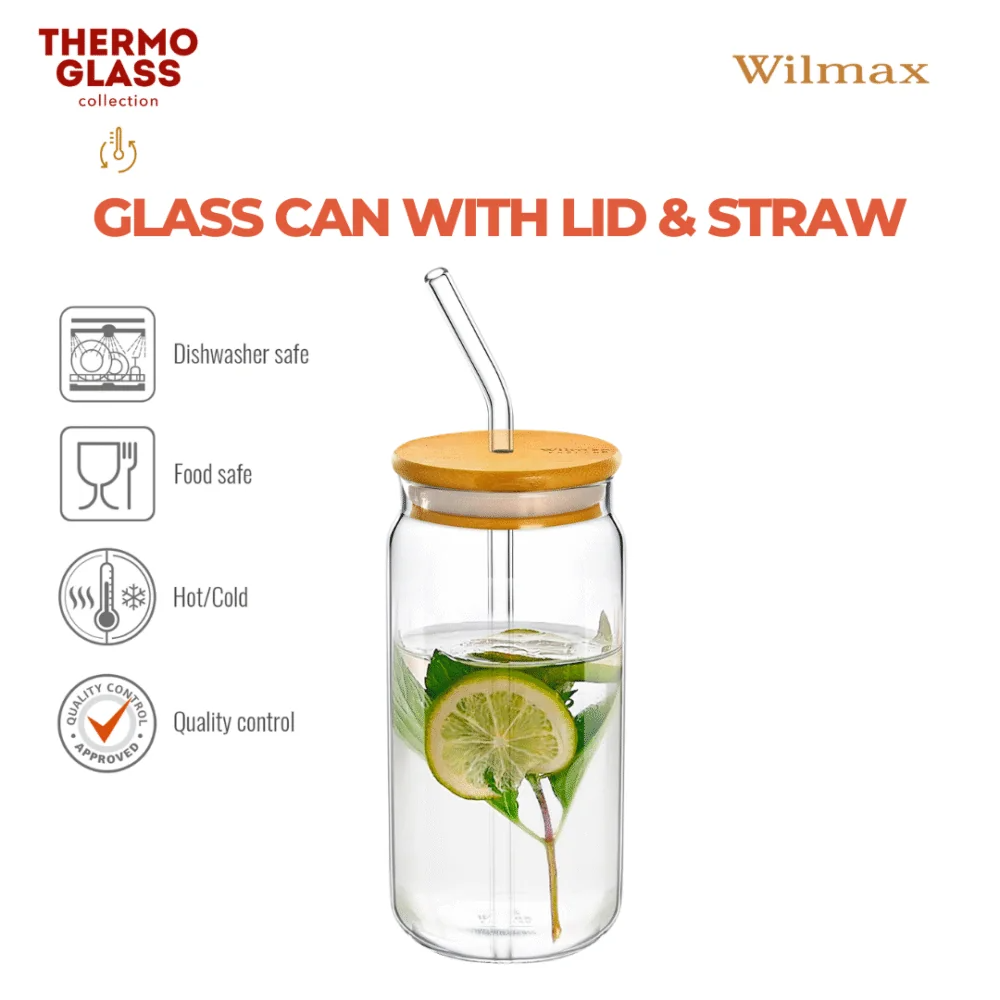 Wilmax Glasbecher 500 ml mit Deckel und Trinkhalm Transparent – Anwendungs- oder Detailansicht; Lieferumfang: 1 Stück