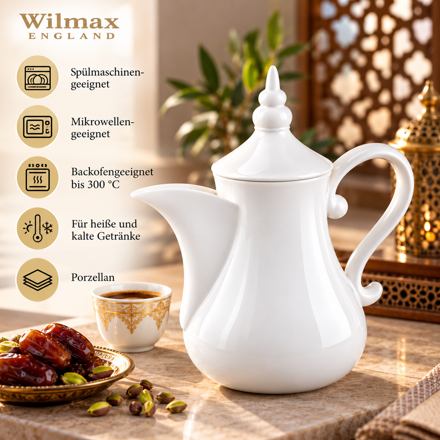 Wilmax Arabische Kaffee- und Teekanne mit Ausgusssieb 1000 ml Weiß Porzellan – Anwendungs- oder Detailansicht; Lieferumfang: 1 Stück