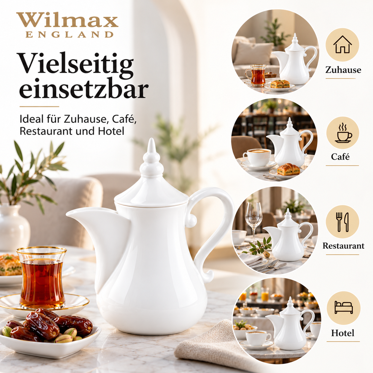 Wilmax Arabische Kaffee- und Teekanne mit Ausgusssieb 1000 ml Weiß Porzellan – Anwendungs- oder Detailansicht; Lieferumfang: 1 Stück