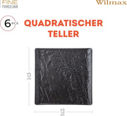 Wilmax Quadratische Servierplatte 13 × 13 cm 6er-Set Schwarz Porzellan – Anwendungs- oder Detailansicht; Lieferumfang: 6 Stück