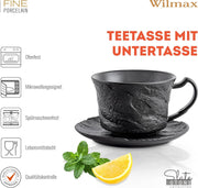 Wilmax Tasse mit Untertasse 180 ml 2er-Set Schwarz Porzellan – Anwendungs- oder Detailansicht; Lieferumfang: 2 Tassen mit 2 Untertassen