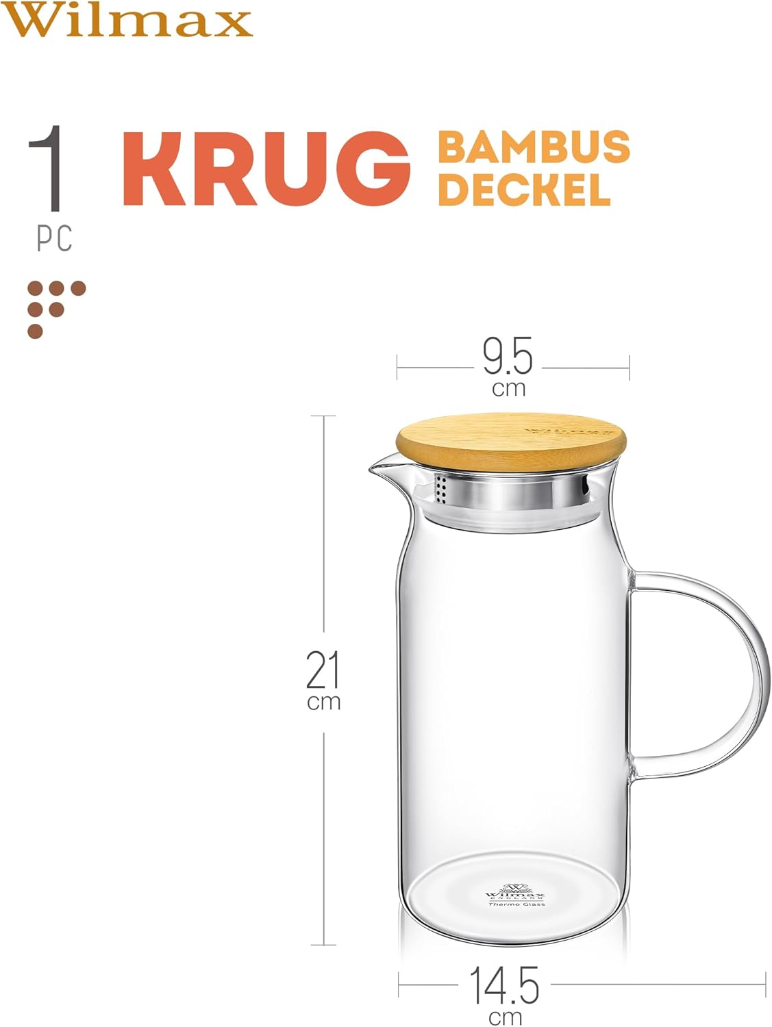 Wilmax Krug 1000 ml mit Bambusdeckel Transparent Thermoglas – Anwendungs- oder Detailansicht; Lieferumfang: 1 Stück