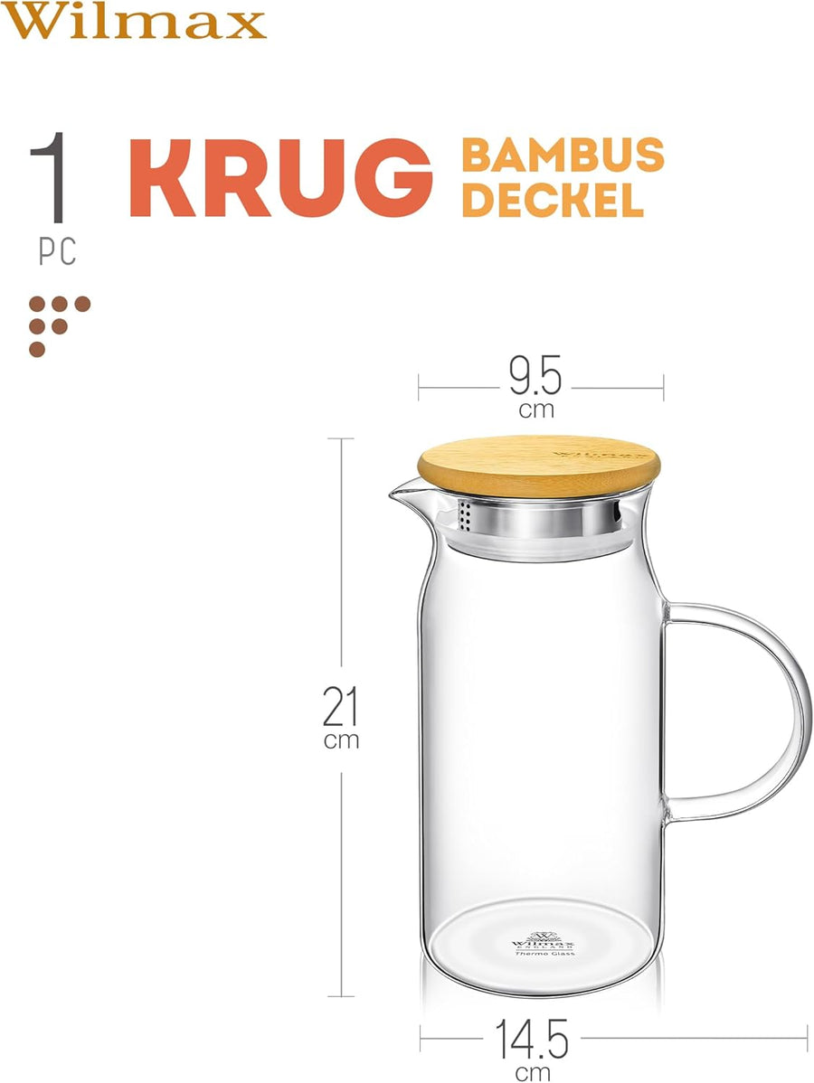 Wilmax Krug 1000 ml mit Bambusdeckel Transparent Thermoglas – Anwendungs- oder Detailansicht; Lieferumfang: 1 Stück