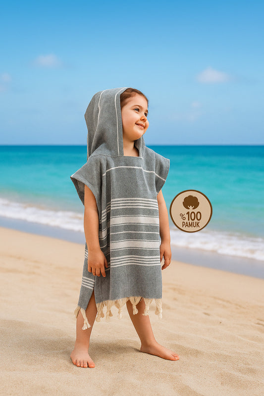 Grauer HELDENA Kinder Poncho Bademantel 5/6 Jahre aus Baumwolle für Bad und Strand