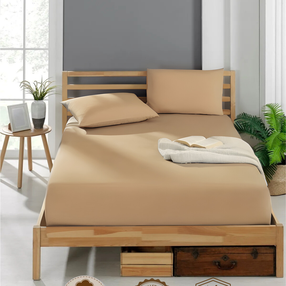 Beiges Spannbettlaken Baumwolle elastisch Schlafzimmer Gästezimmer
