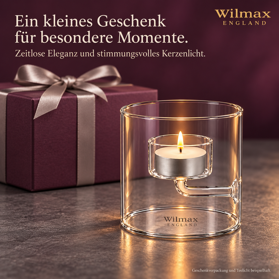Wilmax Teelichthalter für 1 Teelicht 9 cm Transparent Glas – Anwendungs- oder Detailansicht; Lieferumfang: 1 Stück