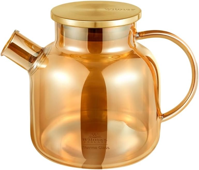 Wilmax Teekanne 1200 ml mit Federfilter und mit Edelstahldeckel Gold Thermoglas – Produktansicht; Lieferumfang: 1 Stück
