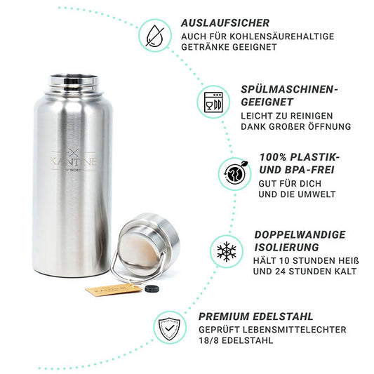Edelstahl Thermoflasche Milkman 1000 ml mit Vakuumisolierung für Büro Reisen und Alltag