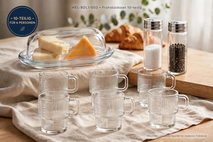 HELDENA Frühstücksset – Butterdose, Salz- & Pfefferstreuer + 6 Teegläser 270 ml